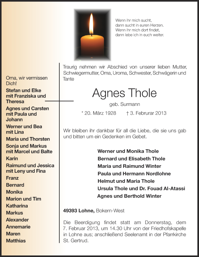  Traueranzeige für Agnes Thole vom 05.02.2013 aus OM-Medien